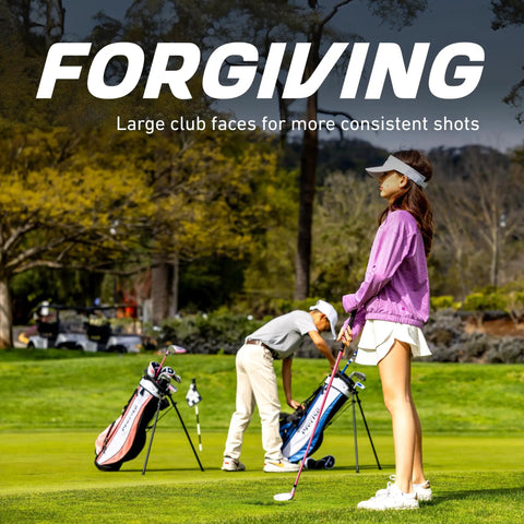 Kids playing with Kid Friendly Junior Golf Set For Ages 9 To 12 With Driver Irons Putter Bag Pink on a golf course