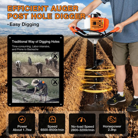 Man using Beefy Gas Powered Auger Post Hole Digger with 52cc engine and 1700W power in farmland, heavy-duty steel handles visible