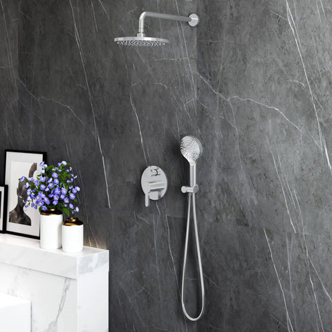 Brushed Nickel Shower Faucet Set Complete Shower System With 6 Inch Rain Shower Head Handheld Spray And High Pressure Rough In Valve Body