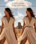 Premium Faux Leather Western Belt For Women Featuring Antique Cowboy Buckle worn with a flowy dress in desert setting.