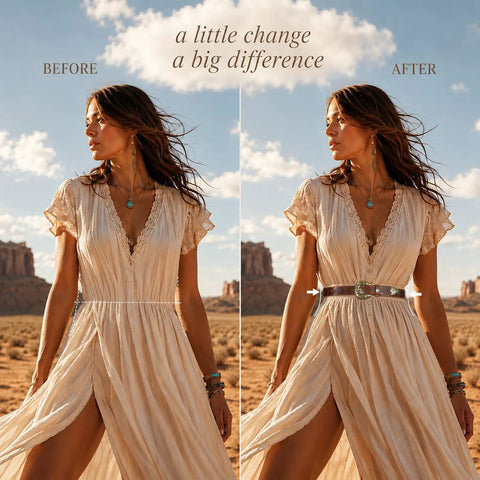 Premium Faux Leather Western Belt For Women Featuring Antique Cowboy Buckle worn with a flowy dress in desert setting.