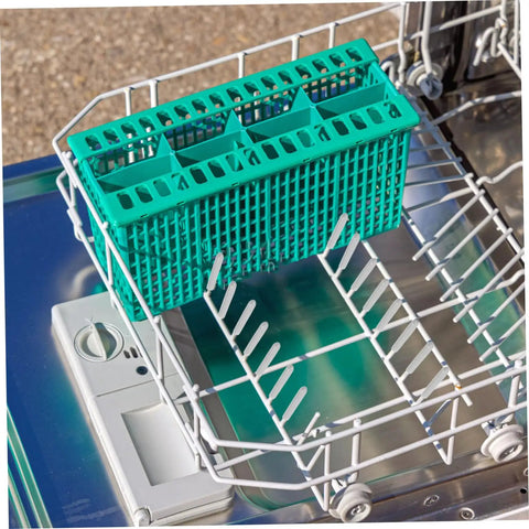50 Piece Flexible Dishwasher Rack End Covers Tough Vinyl Caps For Prong Guard in dishwasher rack with a green basket.