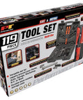 Packaging of Versatile SAE and Metric Multi Use DIY Ready Tool Set With 119 Pieces In A Durable Plastic Toolbox Case showcasing contents