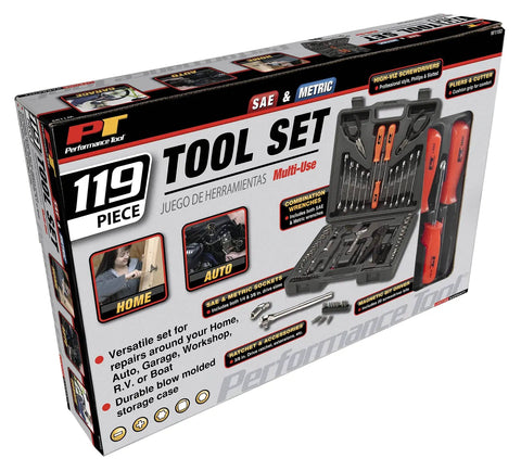 Packaging of Versatile SAE and Metric Multi Use DIY Ready Tool Set With 119 Pieces In A Durable Plastic Toolbox Case showcasing contents