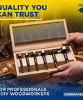Premium Wave Cutter Forstner Drill Bit Set Includes Six Piece Heavy Duty Top Shelf Woodworking Kit Spanning Twenty To Fifty Millimeters in wooden box.