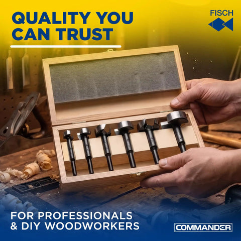 Premium Wave Cutter Forstner Drill Bit Set Includes Six Piece Heavy Duty Top Shelf Woodworking Kit Spanning Twenty To Fifty Millimeters in wooden box.