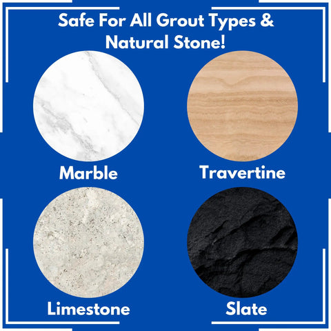 Diagram showing Ultimate Grout Cleaner For Tile Floors Acid Free Formula safe on marble, travertine, limestone, and slate surfaces.