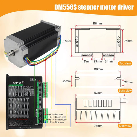 3 Axis Nema23 Stepper Motor Kit Beefed Up 425oz In Torque 3A 112mm Hybrid Motors DM556S Driver diagram with measurements.