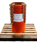 One Half Inch Grade G70 Transport Link Chain Two Hundred Foot Heavy Duty Steel Bulk Barrel on wooden pallet.