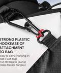 Close-up of Golf Bag Organizer Pouch With 3 Zip Pockets And Sturdy Hook Multi Pocket Design highlighting plastic hook attachment.