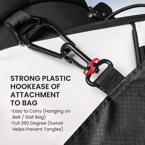 Close-up of Golf Bag Organizer Pouch With 3 Zip Pockets And Sturdy Hook Multi Pocket Design highlighting plastic hook attachment.