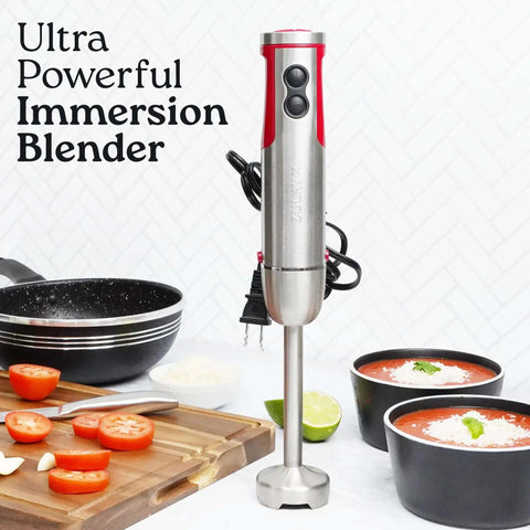 Heavy Duty 4 In 1 Immersion Blender With Whisk And Milk Frother 800W Hand Mixer 12 Speed Turbo in kitchen with tomatoes.