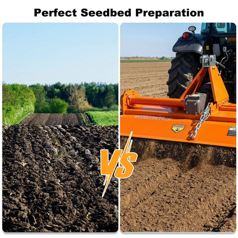 Beastly Three Point Rotary Tiller for Class 1 Tractors in action, preparing fine seedbed, showing attachment to tractor.