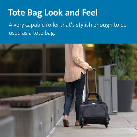 Woman pulling Hardcore Protection 15.6 Laptop Rolling Bag Multi Directional Spinner Wheels Water Resistant Executive Business Travel Case Wheeled Tote Roll Easy Black on sidewalk.