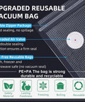No Frills Set Of 30 BPA Free Reusable Sous Vide Vacuum Bags with text highlights on features like air valve and double zipper.