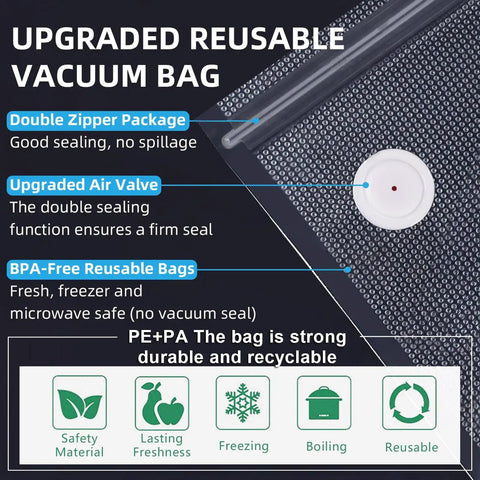 No Frills Set Of 30 BPA Free Reusable Sous Vide Vacuum Bags with text highlights on features like air valve and double zipper.