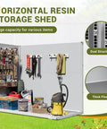 Open view of 41 Cu Ft Horizontal Outdoor Storage Shed Weatherproof Resin With Thickened Floor, showing tools and equipment inside.
