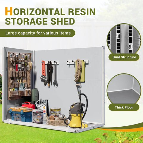 Open view of 41 Cu Ft Horizontal Outdoor Storage Shed Weatherproof Resin With Thickened Floor, showing tools and equipment inside.