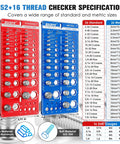 Nut and bolt thread checker panels, aluminum body; red Standard and blue Metric gauges with SAE/Metric drill gauge