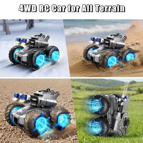 4WD RC Car for All Terrain showcasing 3 In 1 Amphibious RC Car Transforms Into Boat With Built In Water Gun For Epic Backyard Battles Off Road Ready 4WD All Terrain Stunt Truck For Kids Ages 8 9 10 11 12 A Perfect Birthday Gift on different terrains.