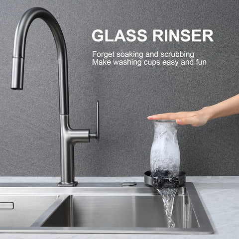 Glass Rinser Cup Washer For Kitchen Sinks 360 Degree Bottle Cleaner Attachment In Stainless Steel Black installed in sink