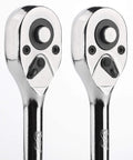 Close-up of two 10 Inch Dual Direction Gear Ratchet With One Half Inch Drive Built Tough From Forged Chrome Vanadium Steel.