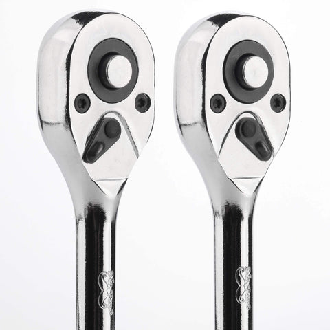 Close-up of two 10 Inch Dual Direction Gear Ratchet With One Half Inch Drive Built Tough From Forged Chrome Vanadium Steel.