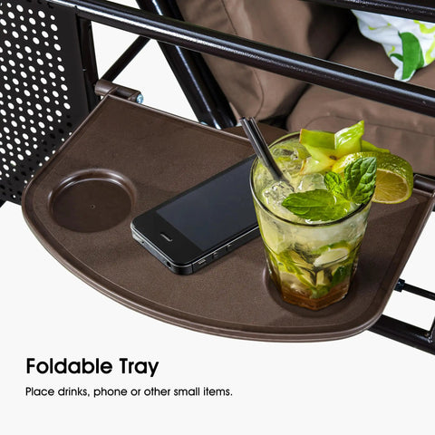 Foldable tray with drink and phone on Deluxe 3 Seat Backyard Outdoor Patio Porch Swing With Weather Resistant Steel Frame