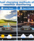 Real Time Tire Pressure Monitoring System With Solar Charging, 4 TPMS Sensors Pack, High Precision Readouts To 0.5 PSI, Updates Every 3 Seconds While Driving, Easy Install, Boost Safety And Driver Peace Of Mind. solar and Type-C charging TPMS display on car dashboard
