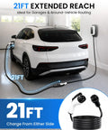 Hella Reliable 21 Foot J1772 EV Extension Cord 50 Amp Level 2 Electric Vehicle Charging Cable with detailed connectors in use.