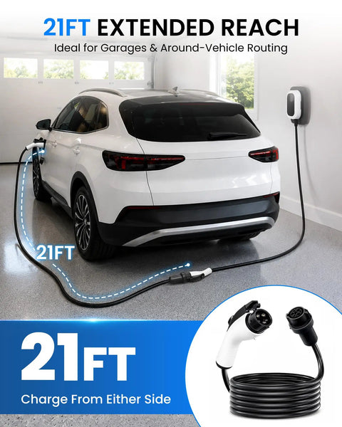 Hella Reliable 21 Foot J1772 EV Extension Cord 50 Amp Level 2 Electric Vehicle Charging Cable with detailed connectors in use.