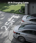 Level 2 Electric Vehicle Charger 32 Amp Adjustable With 25 Foot Cable Nema 14-50P Plug Lcd Display charging a silver car in driveway.