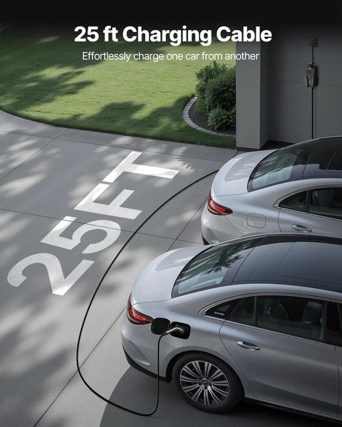 Level 2 Electric Vehicle Charger 32 Amp Adjustable With 25 Foot Cable Nema 14-50P Plug Lcd Display charging a silver car in driveway.