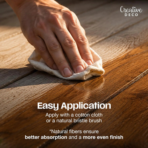 Application of Natural Linseed Oil Wood Protector And Clear Varnish 500 Ml onto wooden surface with cloth.