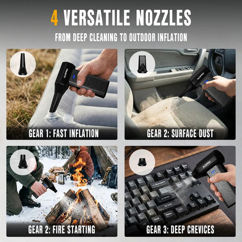 Powerful Brushless Air Duster With Rechargeable Battery, 3 Speed Electric Blower shown with 4 versatile nozzles for diverse cleaning.