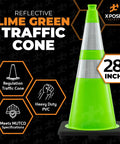 28 inch lime green traffic cone with dual reflective collars, heavy duty PVC, regulation compliant, meets MUTCD specifications