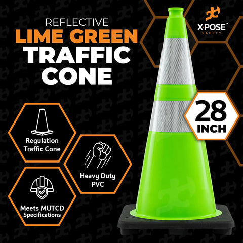 28 inch lime green traffic cone with dual reflective collars, heavy duty PVC, regulation compliant, meets MUTCD specifications
