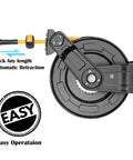 Side view of Premium Steel Retractable Air Hose Reel With Dual Arm Three Eighths Inch By Sixty Five Feet Hybrid Polymer Hose.