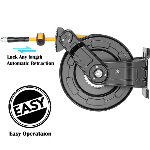Side view of Premium Steel Retractable Air Hose Reel With Dual Arm Three Eighths Inch By Sixty Five Feet Hybrid Polymer Hose.