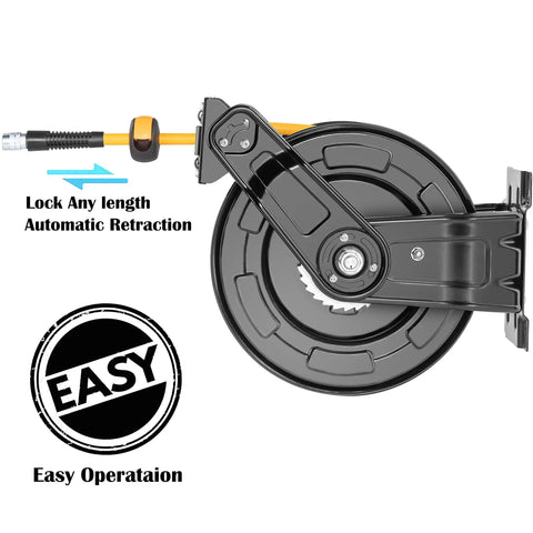 Retractable Air Hose Reel With Fifty-Foot Hybrid Polymer Hose, Heavy-Duty Steel Frame featuring auto rewind mechanism