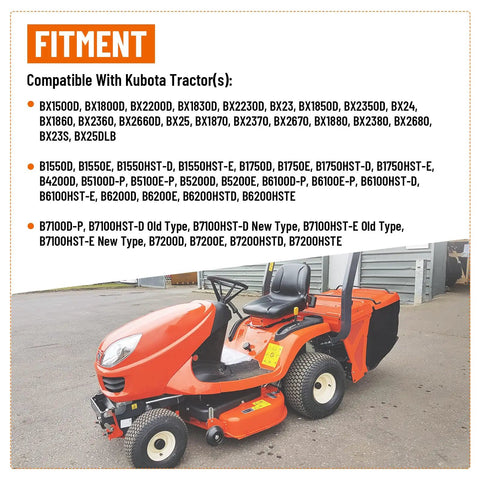 Image of a compact Kubota BX series tractor on pavement, showcasing compatibility with the Telescoping 3 Point Stabilizer Kit For BX Series Tractors Beefy Steel Adjustable Length And Angle Quick Hookup Reduces Sway And Spreading Easy Install For Models.
