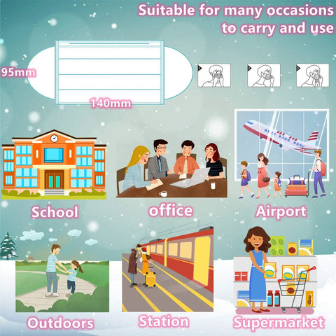 Illustration showing uses of Kids Disposable Face Masks 50 Pack For Ages 5 To 12 3 Layer Filtration With Metal Nose Clip in various settings.