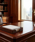 Premium Bonded Leather Desktop Letter Tray Organizer for Your Desk with luxury letter holder on office desk in dark brown.