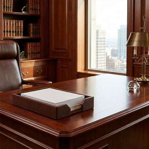 Premium Bonded Leather Desktop Letter Tray Organizer for Your Desk with luxury letter holder on office desk in dark brown.