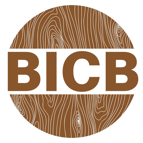 Brown circular logo with wood grain pattern and letters 'BICB' in the center.