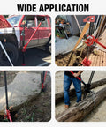 Big Red 48 Inch Ratcheting Off Road Farm Jack used for vehicle recovery, clamping, and lifting in various outdoor settings.