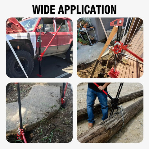 Big Red 48 Inch Ratcheting Off Road Farm Jack used for vehicle recovery, clamping, and lifting in various outdoor settings.