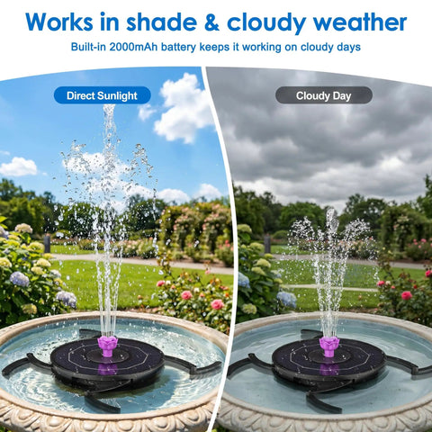 Solar Powered Fountain With 2000mAh Battery Backup, Cloudy Day Ready, Bird Bath Water Feature With 7 Nozzles And 4 Adjustable Rods