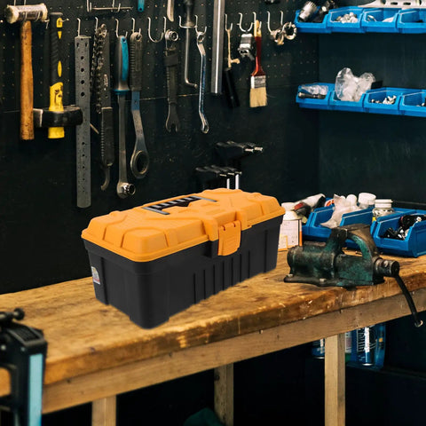 Rugged Multilayer Plastic Toolbox With A Secure Snap Latch And Spacious Yet Compact Shape on a workbench in a garage.