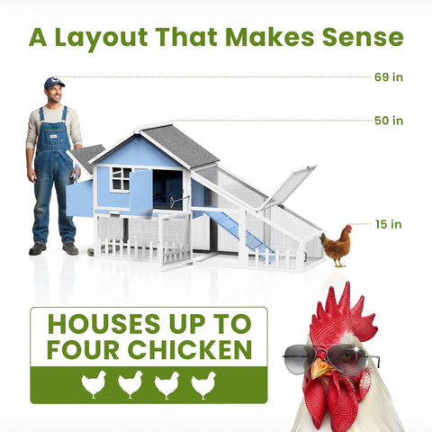 Weatherproof Wooden Chicken Coop With Indoor Outdoor Walk In Hen House, Run, Nesting Box And Pull Out Tray, size comparison.